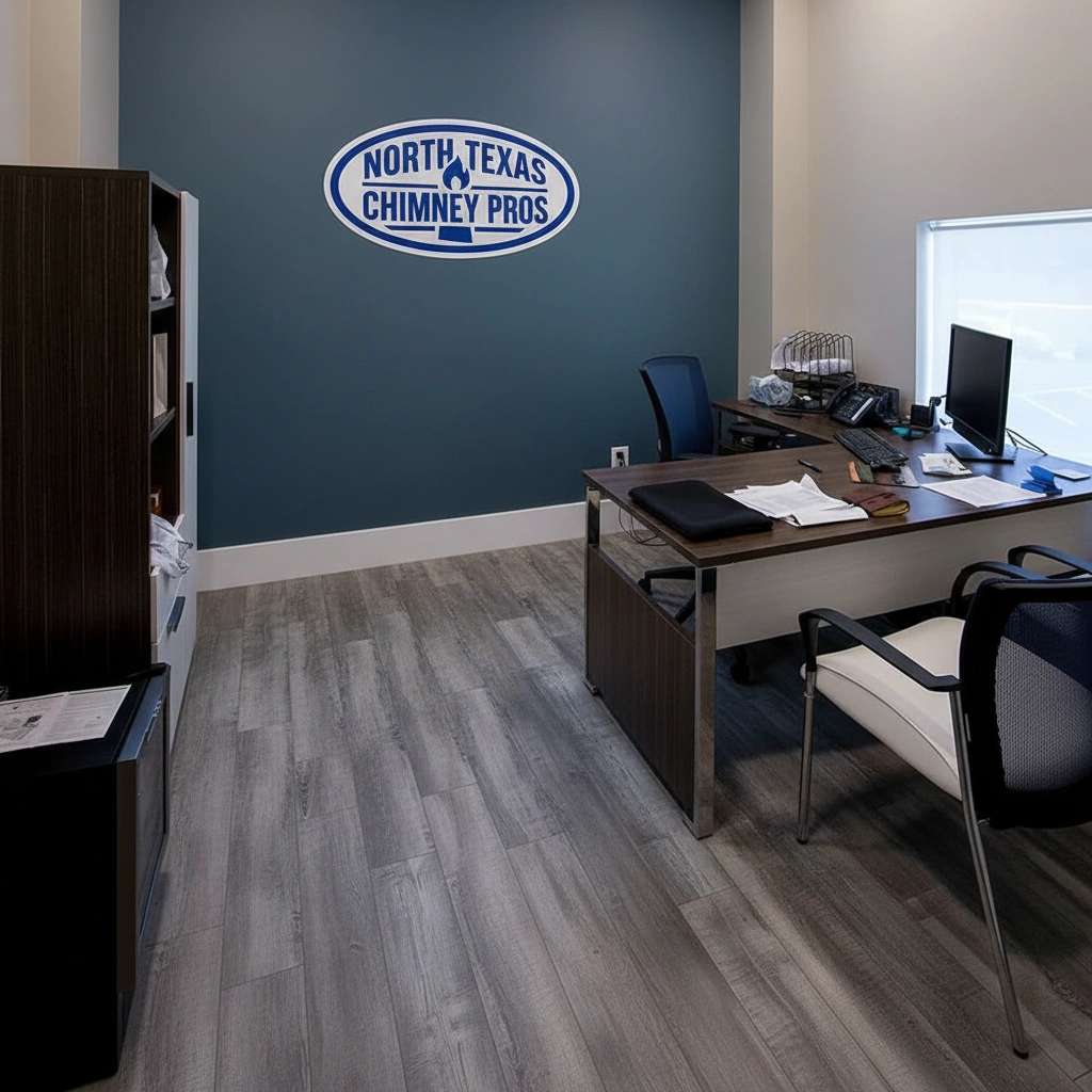 North Texas Chimney Pros professional office interior with company logo on wall