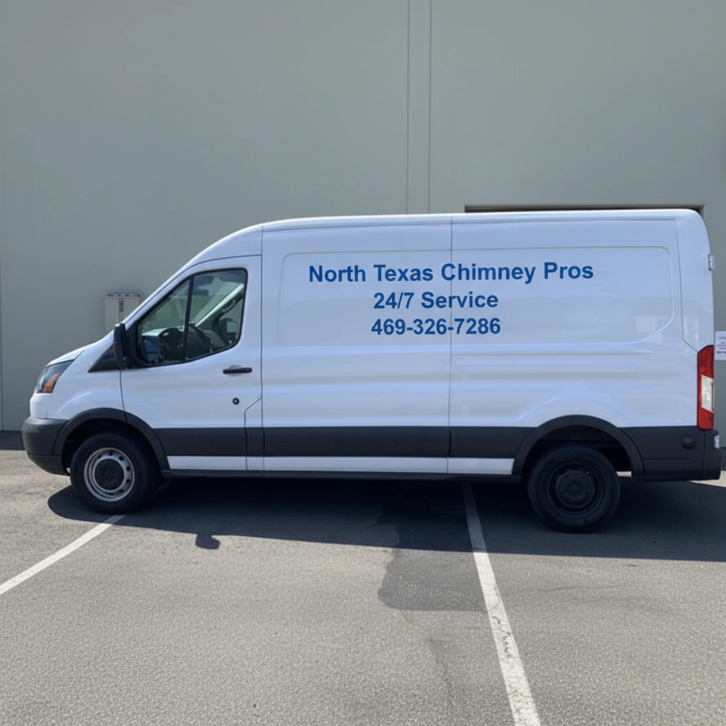 North Texas Chimney Pros white service van with company branding and 24/7 service phone number